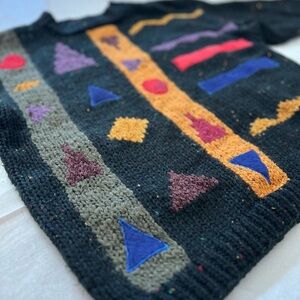 EUC VTG 80s Studio Umen Sweater wool leather patches assymetric small fall